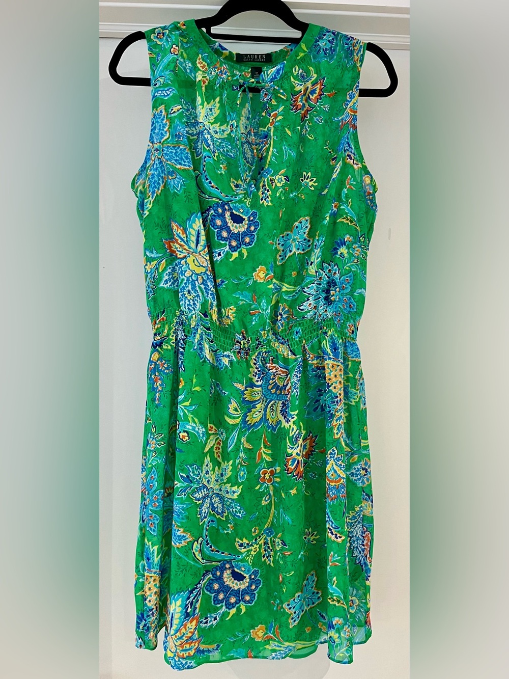 Lauren Ralph Lauren Green Floral Sleeveless Dress Size 12 Paisley Print w/ Slip